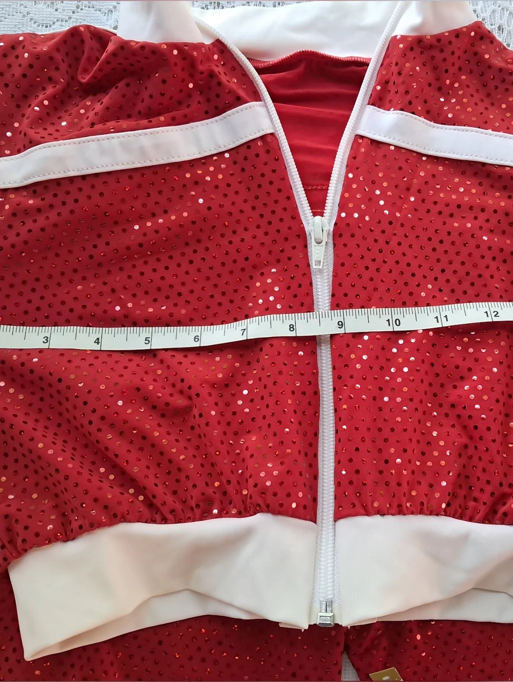 5 pc Dance Bundle Girls 6x Red Sequin Jacket, Pants, Bodysuit. Tights & Pony
